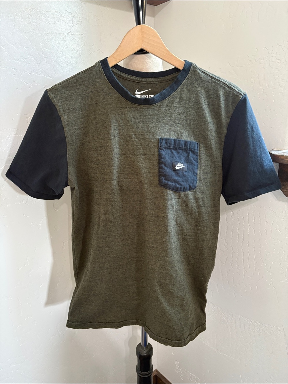 Nike Kids Olive Green Tee with Black Pocket & Sleeves